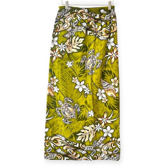 VINTAGE 70s Handmade Hawaiian Polynesian Sea Turtle Print Green Maxi Skirt M/L - Picture 1 of 8